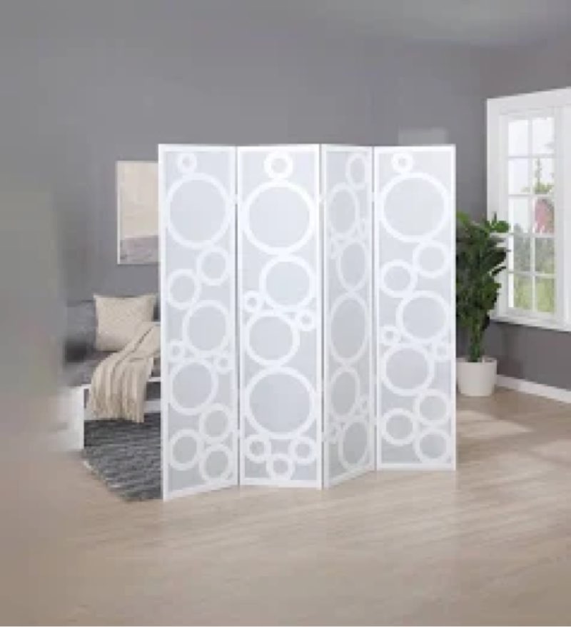 roundhill furniture arvada 4-panel wood room divider with circle pattern, white