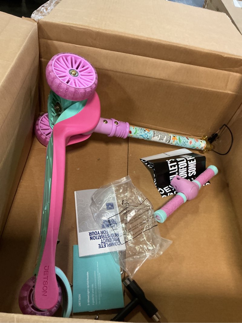 Condition photo showing As Is for jetson character kids kick scooter, led lights on stem & light-up wheels, lightweight frame, height-adjustable handlebar, lean-to-steer system, easy-fold mechanism 3-wheel princess pink