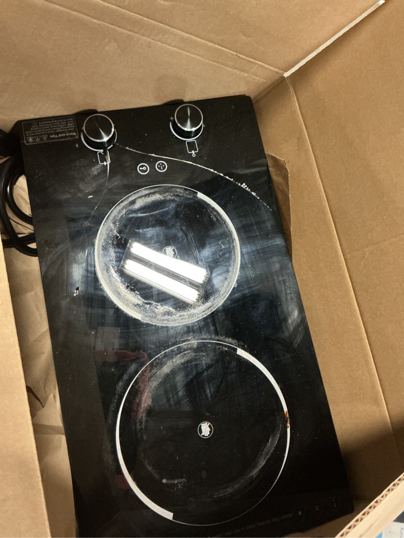 Condition photo showing As Is for 110v Electric Cooktop 2 Burners, 12'' Electric Stove Top with Plug in, GTKZW Knob Control Countertop & Built-in Ceramic Cooktop, 9 Power Levels, Child Lock, Timer, Over-Heat Protection Black 2 Burner Electric Cooktop with Knob