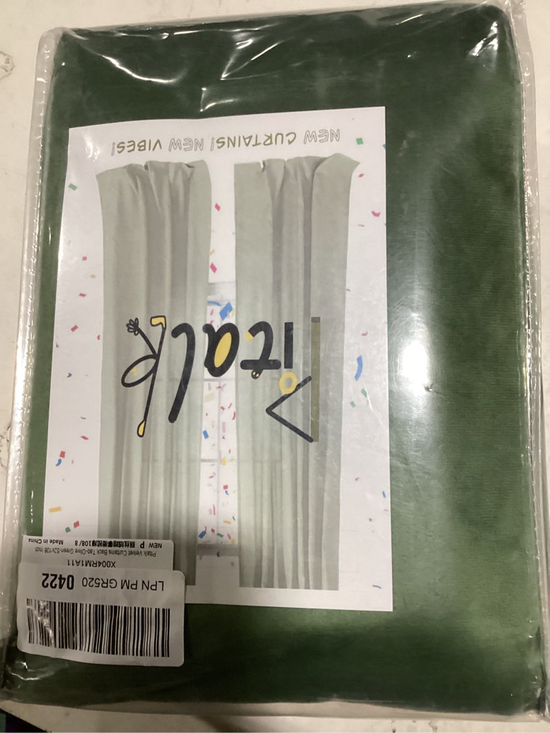 Condition photo showing Good Condition for olive green velvet curtains 108 inches long 2 panels for patio sliding glass door ceiling to floor drapes soft luxury dark green curtain for living room bedroom aesthetic farmhouse boho decor back tab 52"w x 108"l (pack of 2) olive green