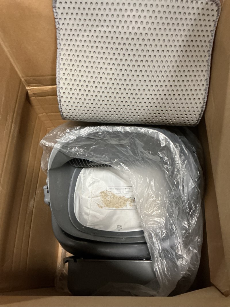 Condition photo showing As Is for self cleaning litter box, automatic cat litter box with app control, odor-free waste disposal includes trash bags, large waste bin, open-top, for multiple cats