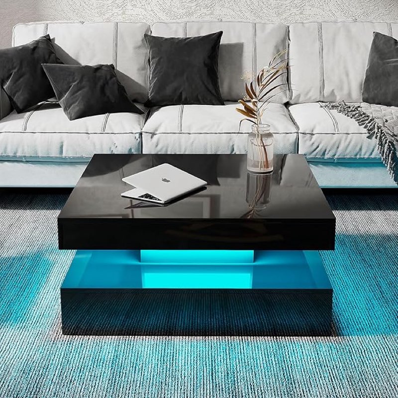 KEEPREAPER Tall Black Coffee Table with 16 LED Lights - Square Coffee Tables for Living Room - Modern Coffee Table with 2 Tier Storage, Mirror Effect Cocktail Tables for Home/Bar/Gaming Room
