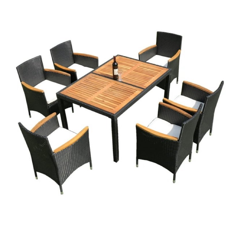 7 Pieces Outdoor Dining Set, Wicker Patio Dining Set for 6, All-Wheather Outdoor Table and Chairs with Acacia Wood Table Top and Cushions for Backyard, Garden, Poolside (Black) (incomplete, 1 box only)