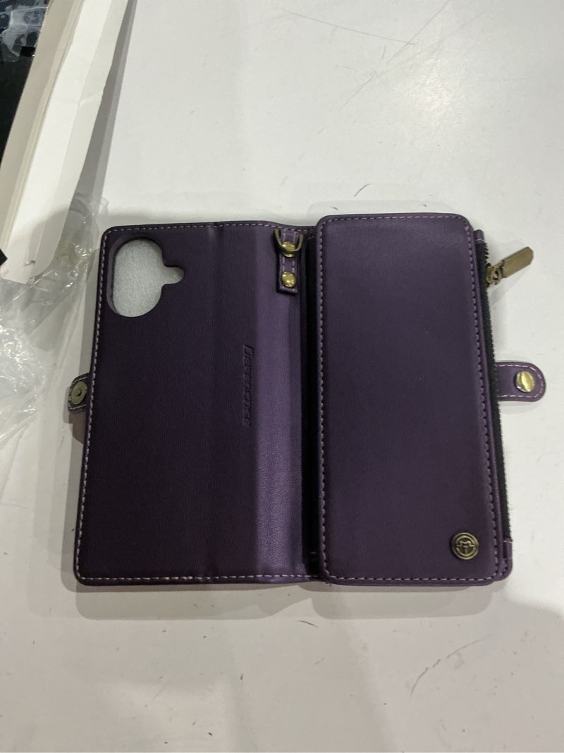 Condition photo showing Good Condition for defencase compatible with iphone 16 case wallet with rfid blocking card holder for women and men, fashion pu leather magnetic snap flip zipper strap wallet phone case for iphone 16 6.1", purple iphone 16 (6.1") purple