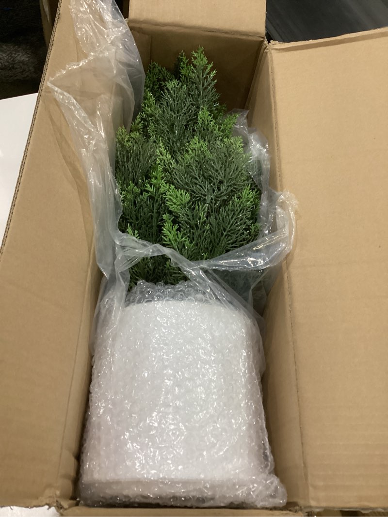 Condition photo showing Good Condition for briful 27'' artificial cedar topiary trees for outdoor decor, 1 pack realistic faux cypress potted plants, fake outdoor front porch trees, uv protection patio trees in white pot for outside 1 pack 27'' white pot 2ft 3in