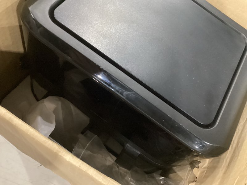 Condition photo showing As Is for chefman 6 quart dual basket air fryer oven with easy view windows, sync finish, hi-fry, auto shutoff, 2 independent 3qt nonstick dishwasher safe frying baskets, digital double air fryer - black 6 quart - window
