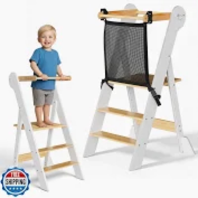 COSYLAND Foldable Toddler Standing Tower - Adjustable Height Folding Step Stool Kid Toddler Kitchen Stool Helper for Learning and Cooking - Ages 18 Months to 6 Years with safety Net Natural white