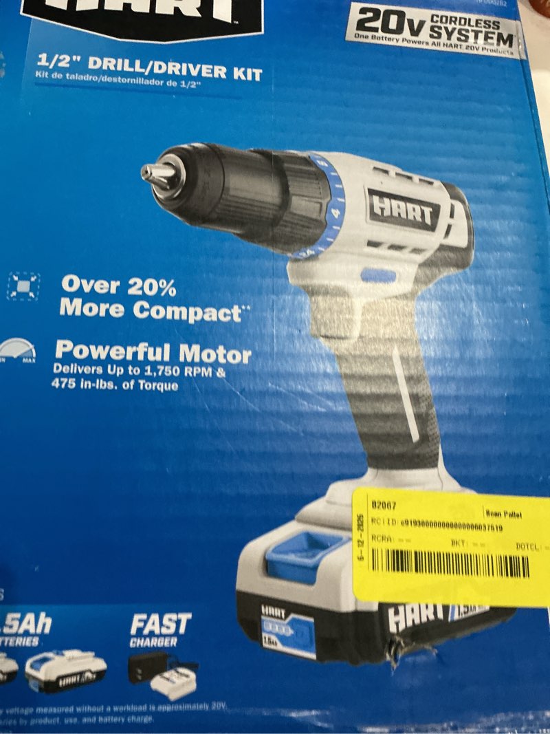 Condition photo showing As Is for hart 20-volt cordless 1/2-inch drill/driver kit, (2) 1.5ah lithium-ion batteries, gen 2