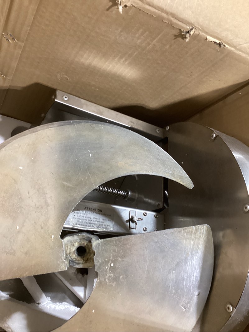 Condition photo showing As Is for Newhai Manual Vegetable Fruit Slicer 0-12mm(0-0.47’’) Thickness Adjustable Commercial Food Cutter Slicing Machine Stainless Steel for Potatoes Lemon with 2 Spare Blades (Stainless Steel)