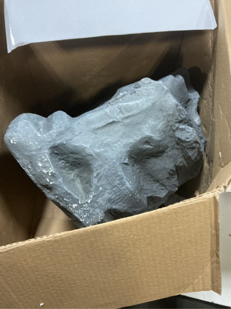 Condition photo showing As Is for alpine corporation 11" tall waterproof bluetooth solar-powered wireless rock speaker with 50 foot range high-fidelity sound, and portable audio system, gray