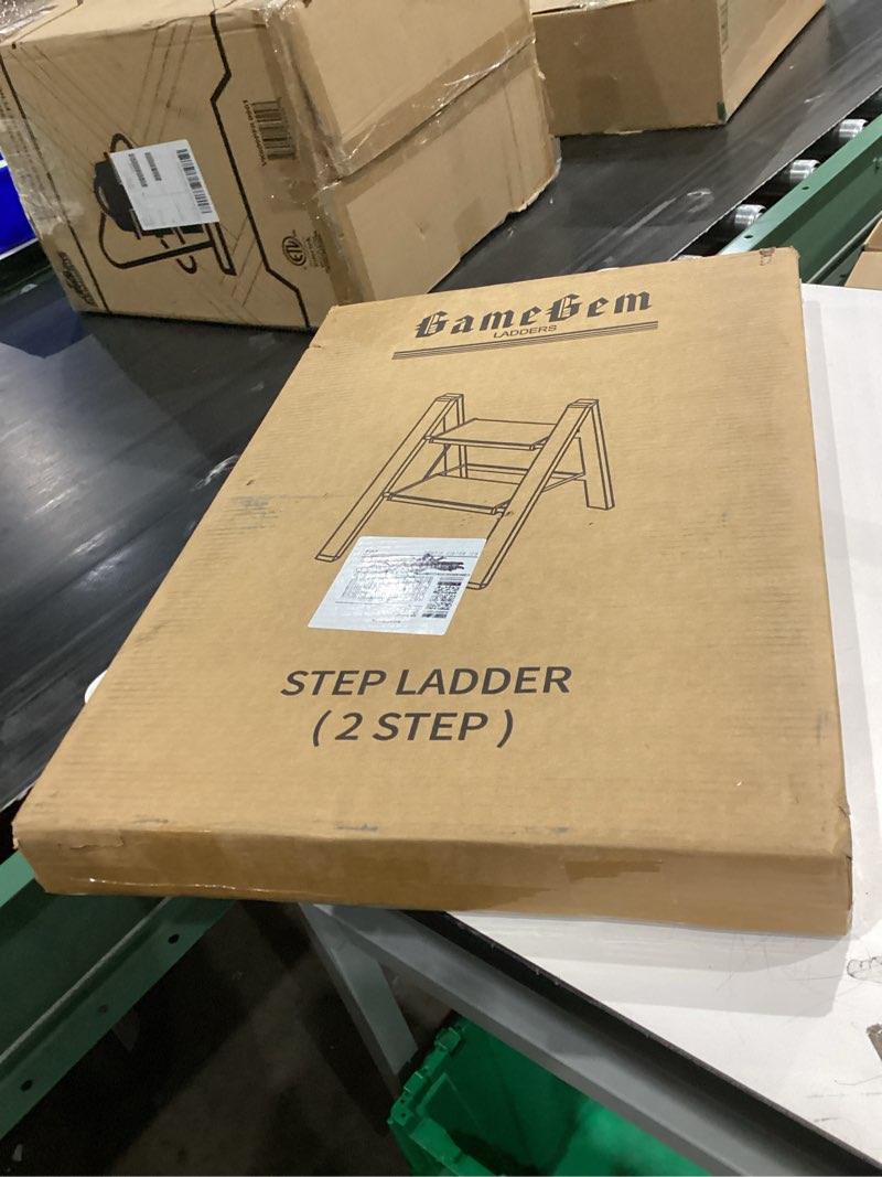 Condition photo showing New/Like New for GameGem 2 Step Ladder, Aluminum Folding 2 Step Stool with Anti-Slip Sturdy and Wide Pedal, Lightweight Portable Stepladder for Home and Kitchen Use Space Saving, Black, 330 lbs