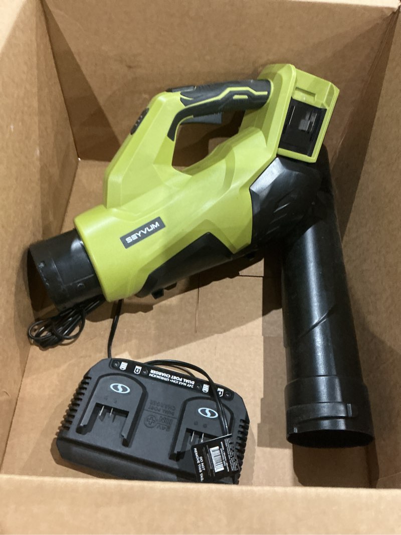 Condition photo showing As Is for (incomplete, missing pieces)seyvum leaf blower cordless 40v - 650cfm 200mph brushless electric leaf blower with 2 x 5.0ah battery & charger, blowers for lawn care high-power 3 variable speed & turbine power boost, lightweight