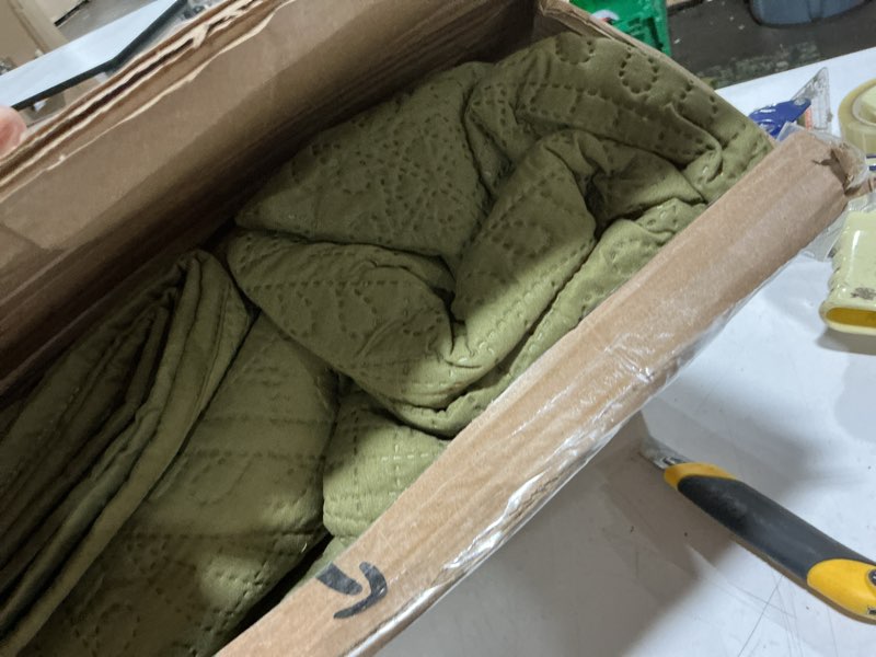 Condition photo showing Good Condition for love's cabin king size quilt bedding set green bedspreads - bed summer lightweight bedspread comforter - coin pattern bedding coverlet for all season - 3 pieces (1 quilt, 2 pillow shams) king (106"x96") coin pattern green
