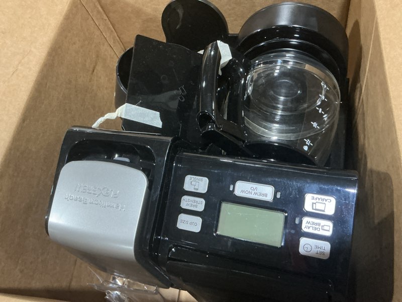 Condition photo showing As Is for Hamilton Beach FlexBrew Trio 2-Way Coffee Maker, Compatible with K-Cup Pods or Grounds, Combo, Single Serve & Full 12c Pot, Black - Fast Brewing (49902) Black, Fast Brewing, Removable Reservoir