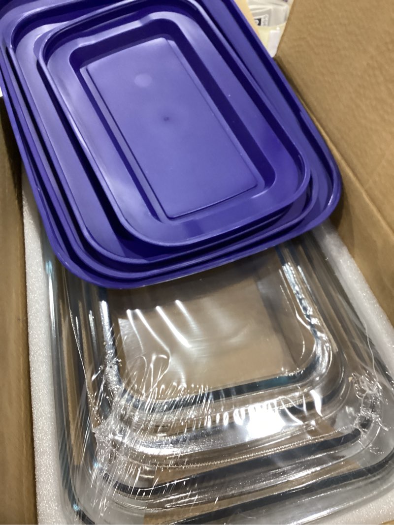 Condition photo showing Good Condition for 8-piece glass baking dish set with plastic lids,rectangular glass bakeware set with lids, baking pans for lasagna, leftovers, cooking, kitchen, freezer-to-oven and dishwasher, blue navy blue