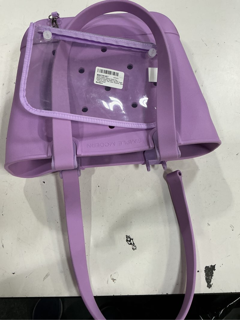 Condition photo showing As Is for simple modern medium beach bag | waterproof getaway rubber tote with zipper pocket for travel, pool, boat, groceries, sports | purple breeze medium purple breeze