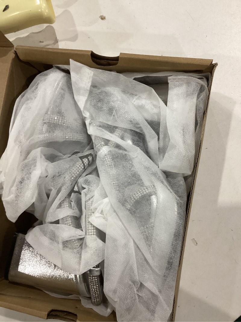 Condition photo showing Good Condition for cellenz women chunky platform heels: 3.9 inch high heel prom, wedding, party, square open toe heeled sandals, strappy comfortable sexy dressy heels 6.5 sliver