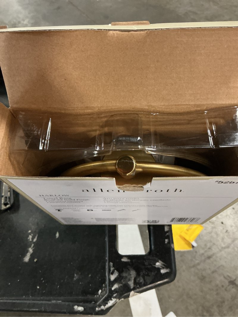 Condition photo showing As Is for allen + roth harlow brushed gold wall mount single towel ring
