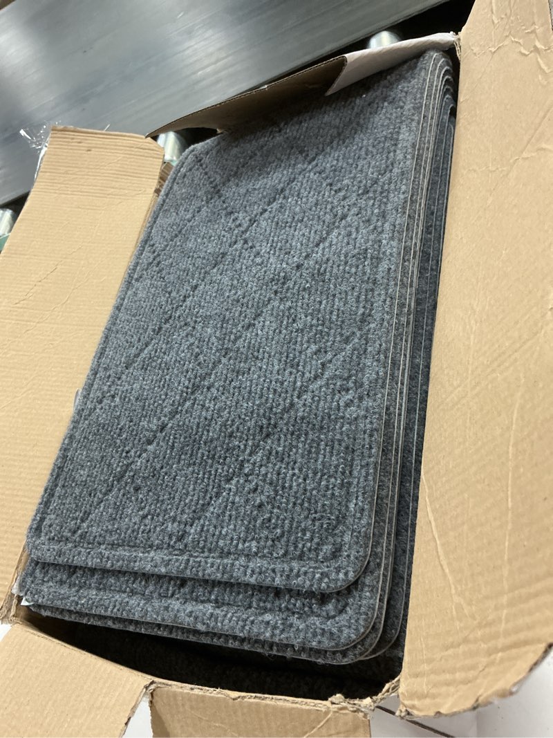 Condition photo showing New/Like New for stair treads for wooden steps, 15 pack 9" x 30" non slip carpet stair treads indoor with reusable adhesive for kids elders and dogs, surface polyester tpr backing stair runner rugs, grey blue 9" x 30" dark grey 15