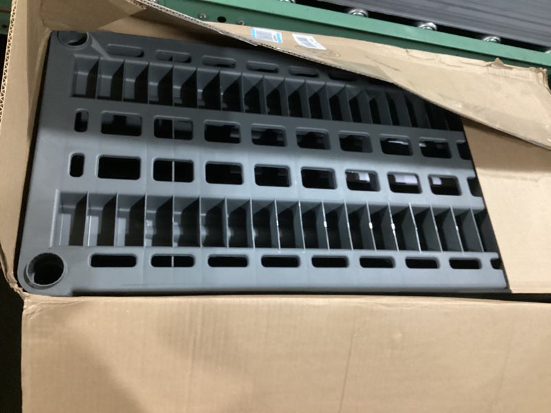 Condition photo showing As Is for plano 5-shelf plastic storage shelves, 73” x 36” x 18”, 750lb capacity, pantry, office, closet and garage shelves, easy to assemble, durable plastic shelving unit 5-shelf 750lb