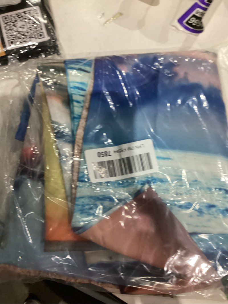Condition photo showing As Is for The Bathroom Has a Sunset Beach Shower Curtain and The Tub Has a Luxurious Standard Shower Curtains. Waterproof Washable Fabric Shower Curtain (72x79) in?with 12 White Hooks. 79"W x 72"L (Pack of 42)
