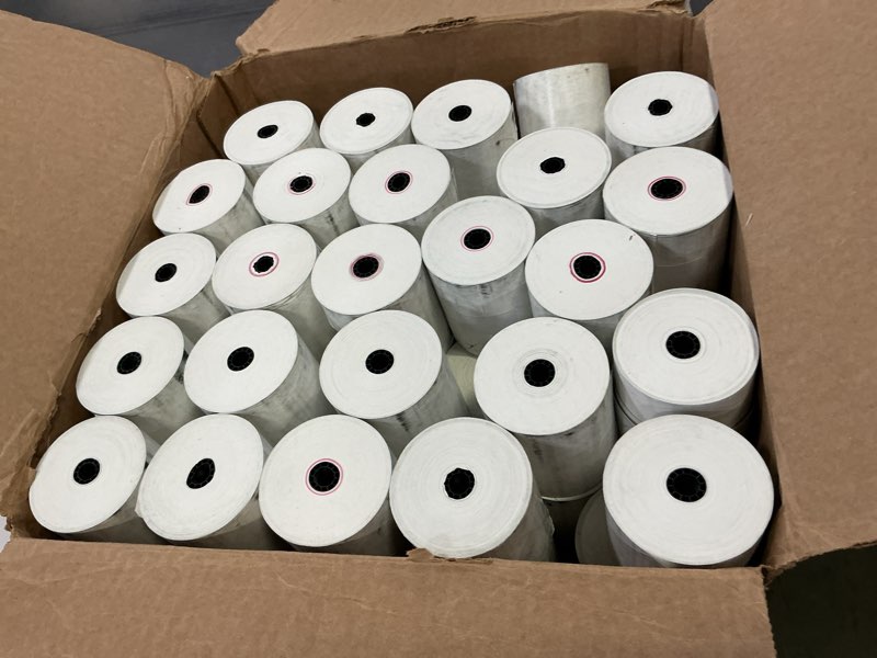 Condition photo showing As Is for amazon basics thermal paper receipt rolls, pos receipt, 3 1/8" x 230', 50 rolls, bpa-free and fsc certified, recycled materials, white