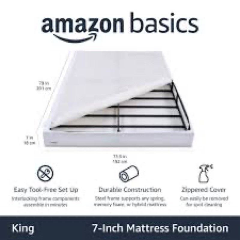 amazon basics sturdy smart box spring bed base, 7-inch height mattress foundation, tool-free easy as