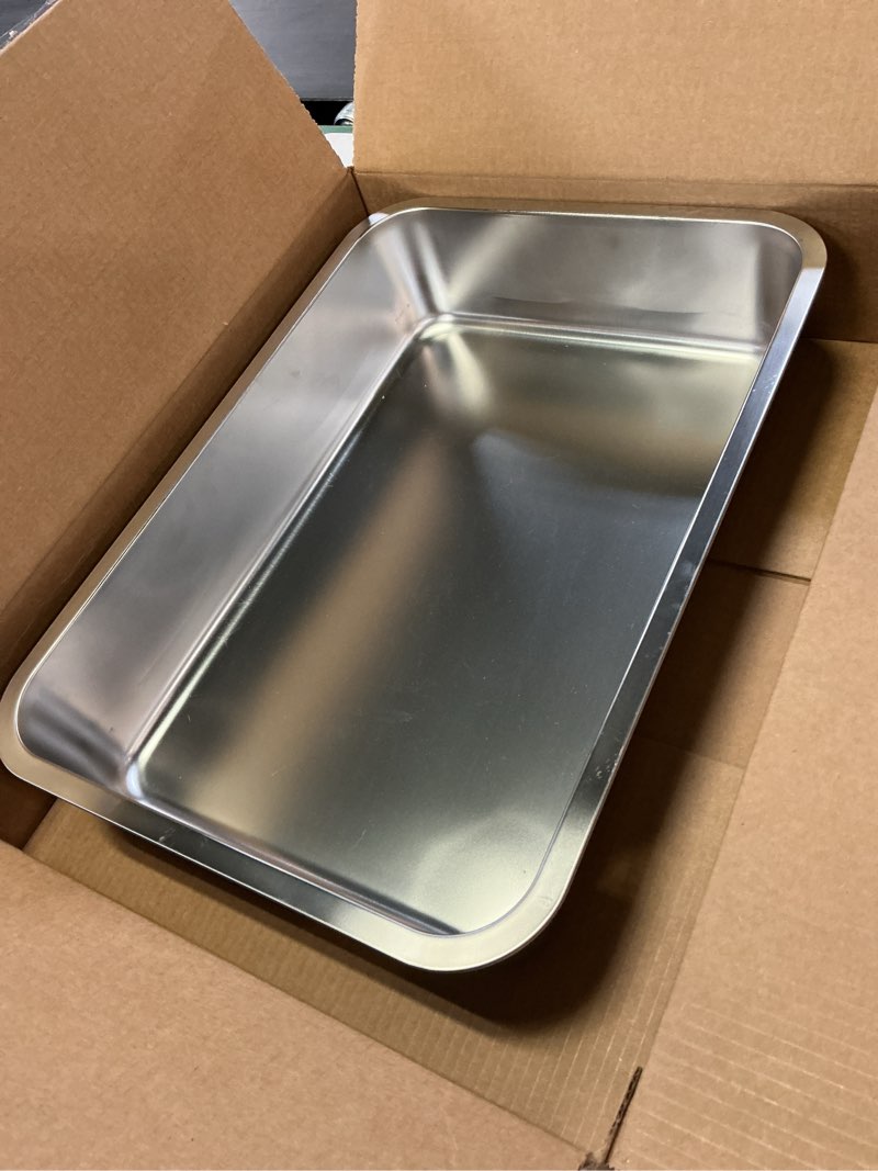 Condition photo showing Good Condition for large stainless steel litter box with high sided, metal cat litter box, odor-free non-stick litterbox pan, easy to clean pet supplies toilet tray for indoor cats, kittens or multicat homes 19.69"l x 13.78"w x 3.94"h
