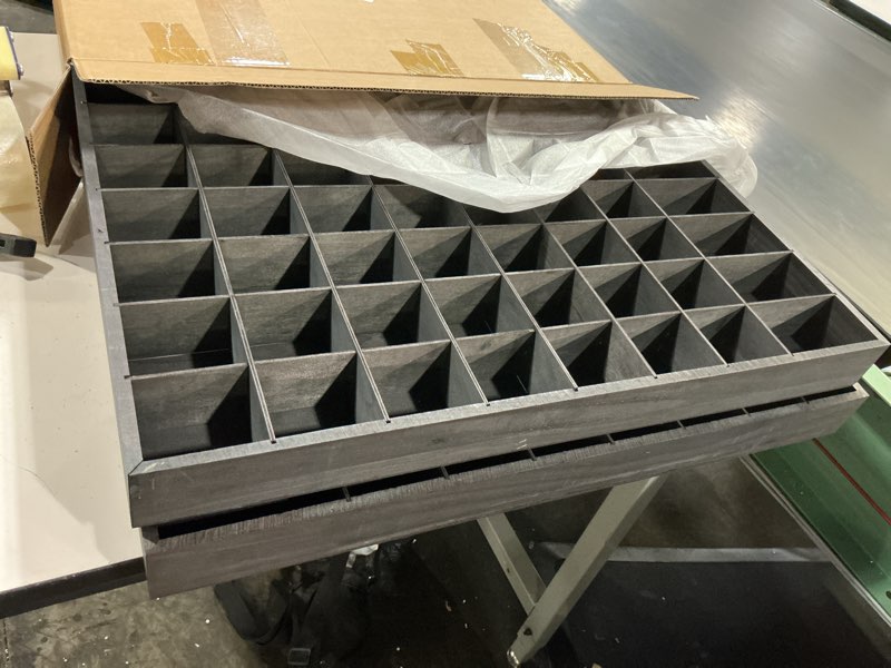 Condition photo showing New/Like New for 2 pcs large wooden shot glass display case with removable shelves, wall mounted shadow box, 56 slots