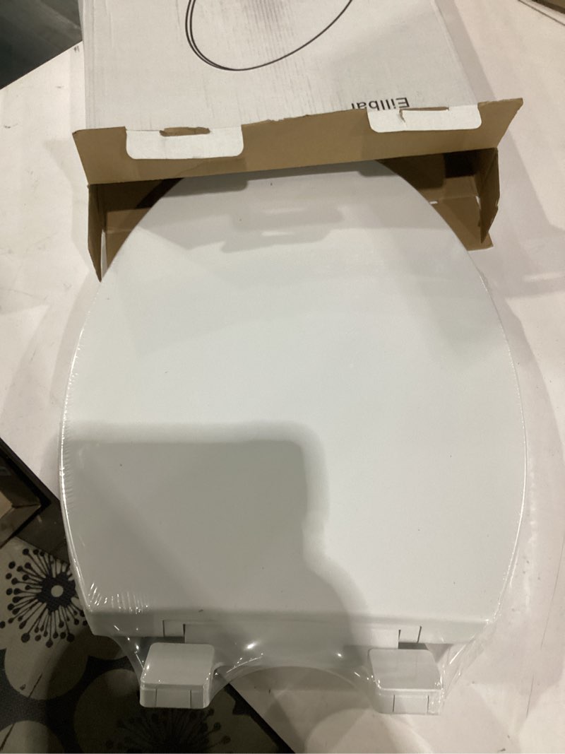 Condition photo showing As Is for elongated toilet seat, 18.5” soft/slow close oval (oblong) toilet seat for elongated toilets, no-slam quiet-close lid, easy-to-install & clean, durable never-loosen white plastic seat white elongated(oval)
