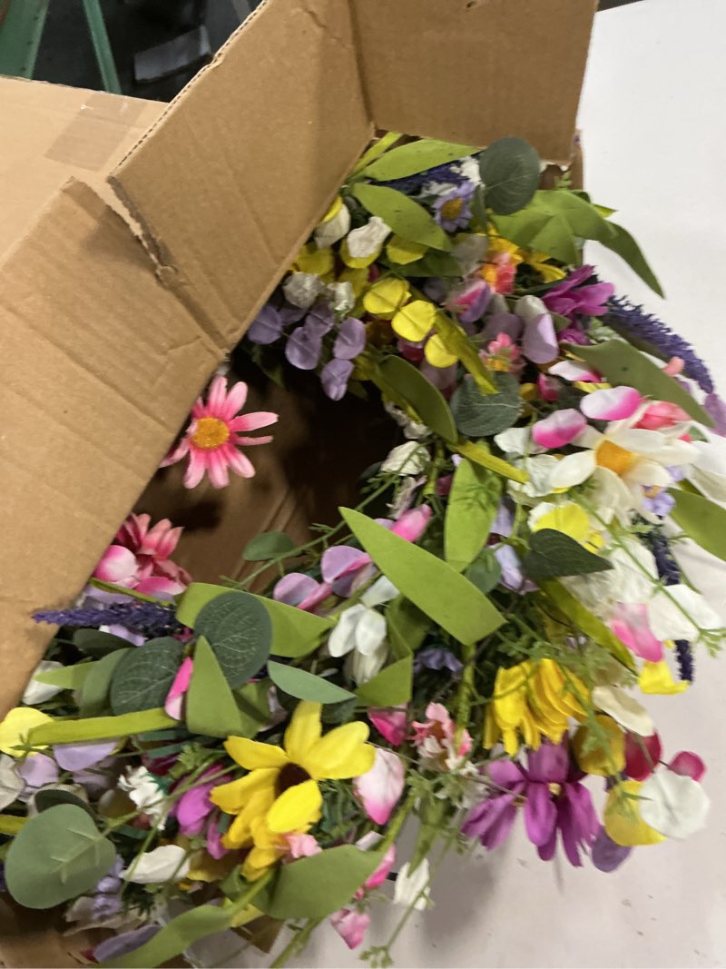 Condition photo showing Good Condition for 24 Inches Spring Wreaths for Front Door Spring Flower Wreaths Summer Door Wreath Colorful Wildflower Wreath with Daisy Lavender for Window Indoors Outdoor Decor
