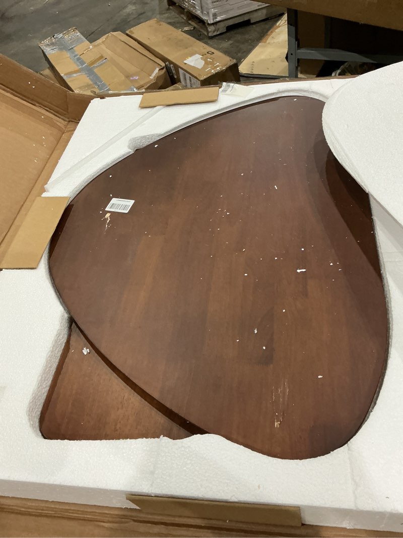 Condition photo showing As Is for mid century modern coffee table for living room, solid wood triangle vintage center table 34.3in - walnut finish with sturdy wooden base, easy assembly, for small spaces,corner walnut - textured finish 34.3in