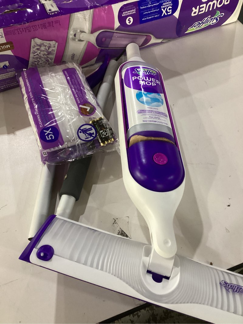 Condition photo showing Good Condition for Swiffer PowerMop Multi-Surface Mop Kit for Floor Cleaning, Includes PowerMop, 2 Mopping Pad Refills, 1 Cleaning Solution with Fresh Scent and 2 Batteries Purple and White