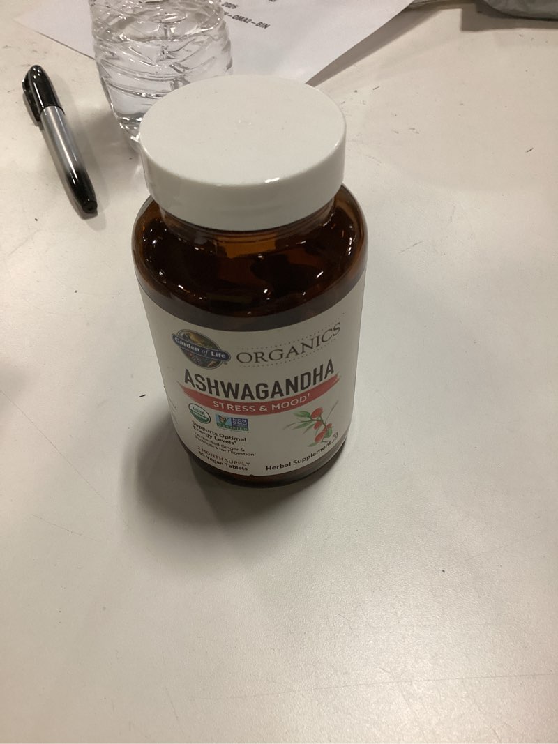 Condition photo showing New/Like New for Garden of Life Organic Ashwagandha Supplement with Probiotics & Ginger - Stress, Mood & Energy Support, Vegan, Gluten Free, Non GMO, 2 Month Supply, 60 Tablets Unflavored 60 Count (Pack of 1)