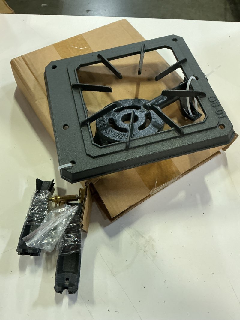 Condition photo showing New/Like New for propane burner, portable lpg stove, single gas cooker, small cast iron stove for patio outdoor camping bbq grill, travelling, adjustable flame, adapter not included