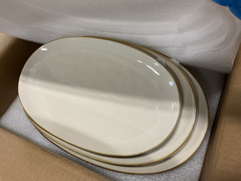 Condition photo showing Good Condition for famiware serving platter, oval 15.59/14.3/12.9inch serving dishes for entertaining, serving bowls, microwave safe, stoneware serving trays for party, food, turkey, cheese, ocean series, vanilla white