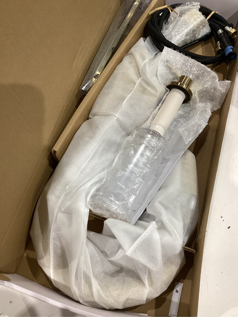 Condition photo showing As Is for allen + roth harlow simplefit brushed gold single handle deck-mount pull-down kitchen faucet with sprayer (includes deck plate) (includes soap dispenser)