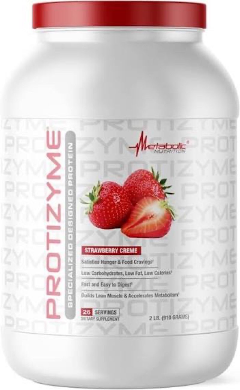 (exp 07/27) metabolic nutrition | protizyme | 100% whey protein powder | high protein, low carb, low fat with digestive enzymes, 24 essential vitamins and minerals | strawberry creme, 2 pound strawberry 2 pound (pack of 1)
