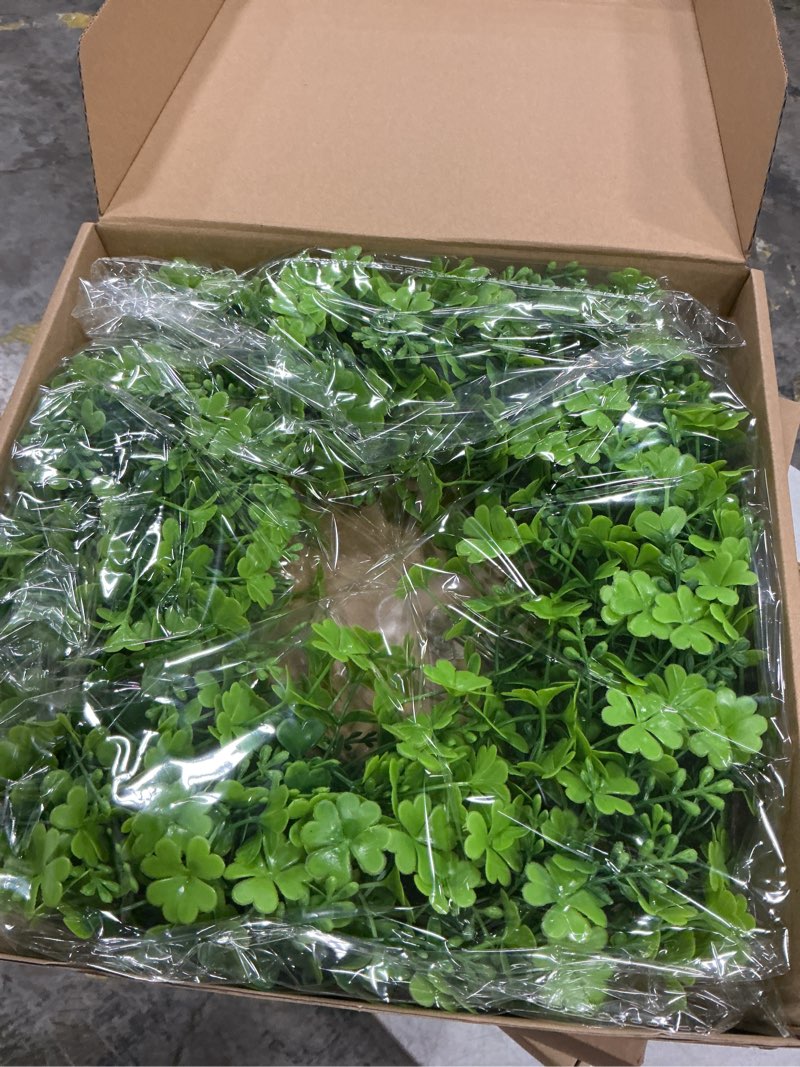 Condition photo showing New/Like New for 18" st patricks day shamrock wreath for front door,st patrick day artificial wreath outdoor decorations, lucky clover spring summer greenery hanging for farmhouse wall window indoor porch home decor