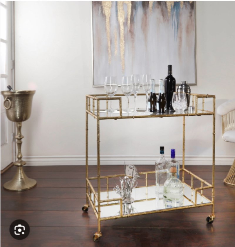 Craner Metal and Glass Two-Tier Bar Cart with Decorative Frame and Rolling Casters for Stylish Serving and Storage