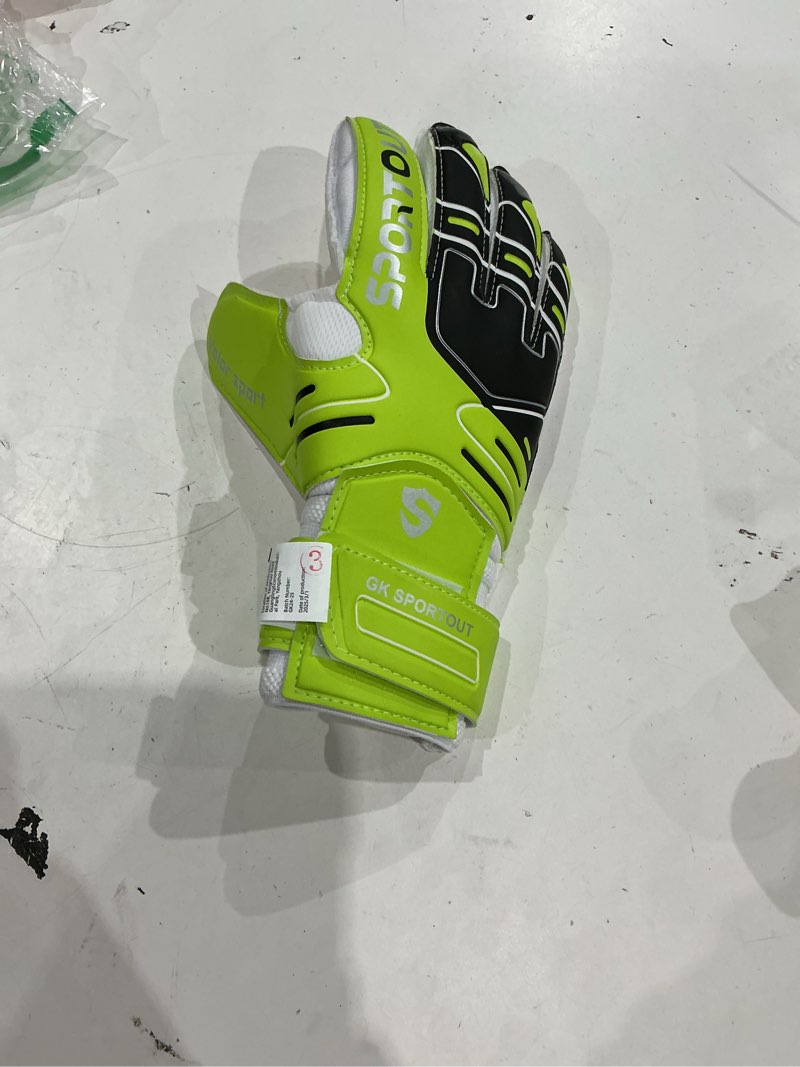 Condition photo showing As Is for sportout youth&adult goalie goalkeeper gloves,strong grip for the toughest saves, with finger spines to give splendid protection to prevent injuries(only 1)