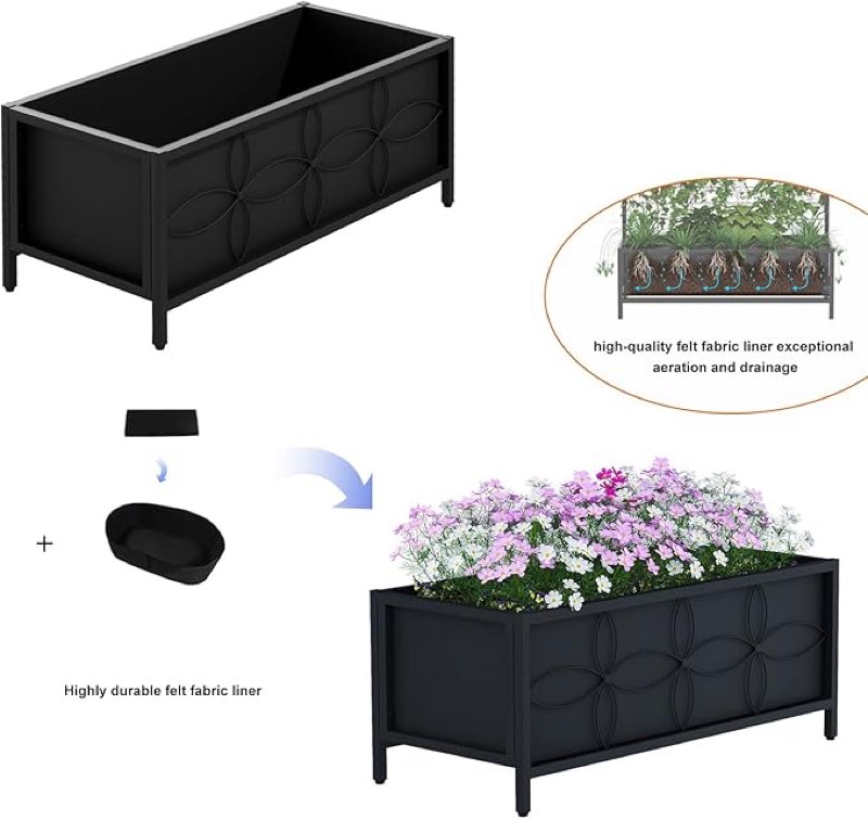 zhongma sturdy raised garden bed with inner fabric liners for vegetables flower, planter box for backyard patio balcony. inner size: 33.85x14.17x11 inch