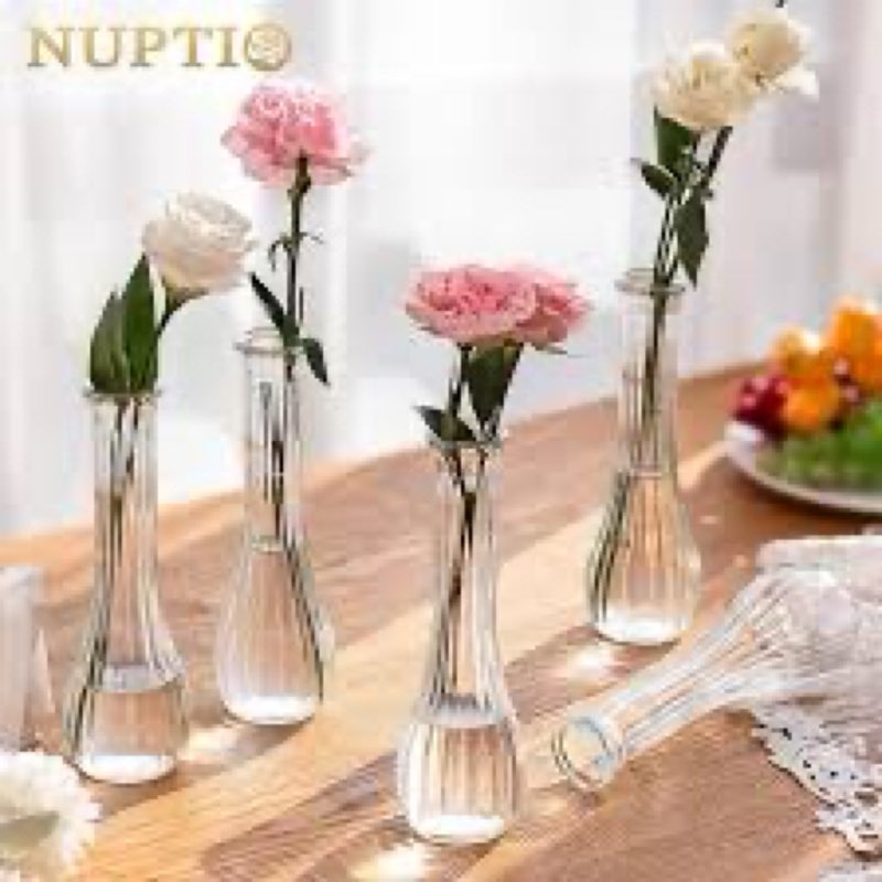 nuptio glass bud vases centerpiece: 6 pcs small flower vase for wedding in bulk - cute clear ribbed 