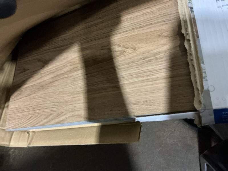 Condition photo showing As Is for pergo duracraft re rhone oak brown wood look 22-mil x 9-in w x 47-in l waterproof and water resistant interlocking luxury vinyl plank flooring ( 17.68-sq ft carton )