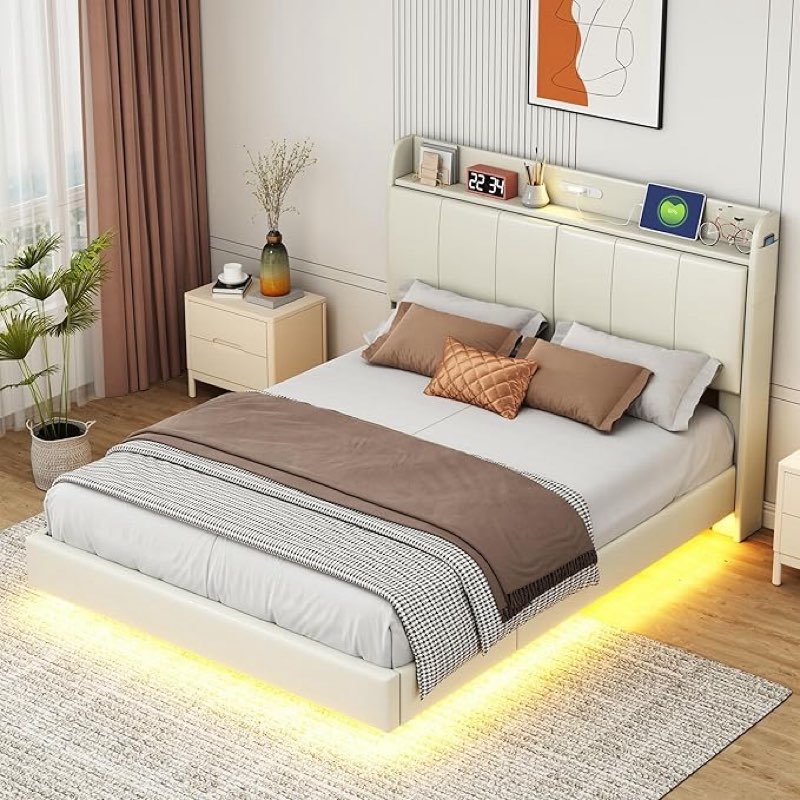 Queen Size Floating Bed Frame With Storage Headboard, Modern Upholstered Platform Bed With Touch Sensor Night Light And Usb Charger, Beige  