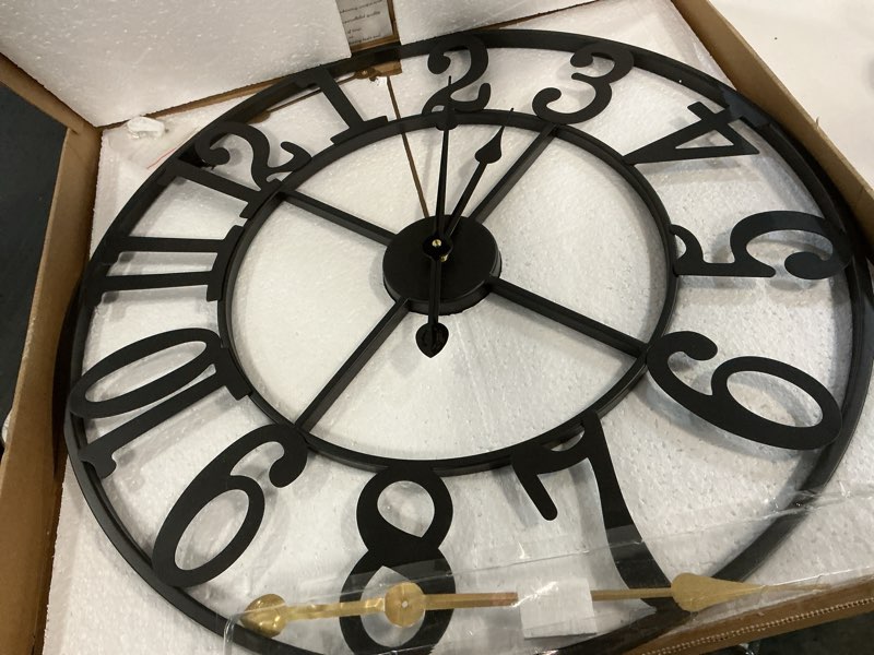 Condition photo showing Good Condition for leike large wall clock, 24" silent non-ticking, battery operated, oversized, decorative retro black metal clock for living room,farmhouse, dinner room,indoor, outdoor decor(60cm, black arabic number) 24 inch black-arabic number