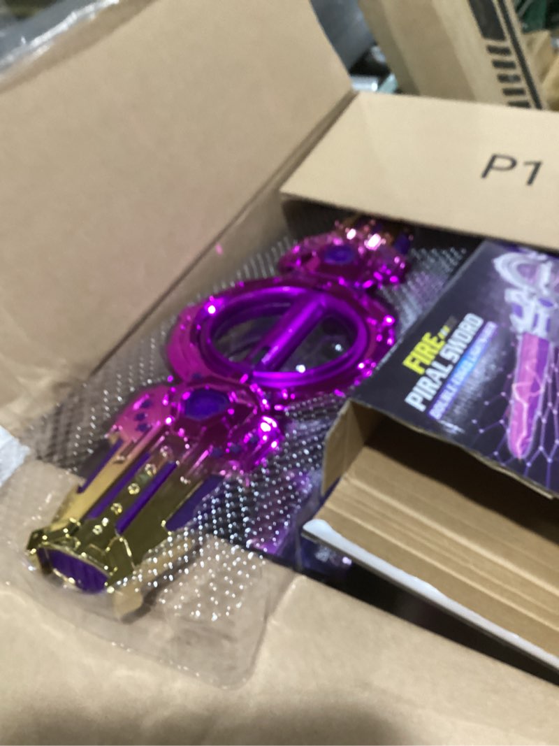 Condition photo showing New/Like New for 2 pcs rotating lightsaber toy set, 43 inches long, with hit-sensitive sound effects,perfect for rave parties, role-playing, and shows (purple and blue dual packs)