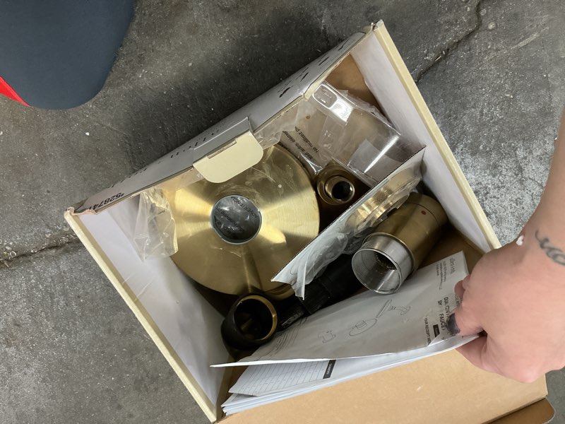 Condition photo showing As Is for allen + roth Harlow Brushed Gold 2-handle Single function 6-in Round Bathtub and shower Faucet