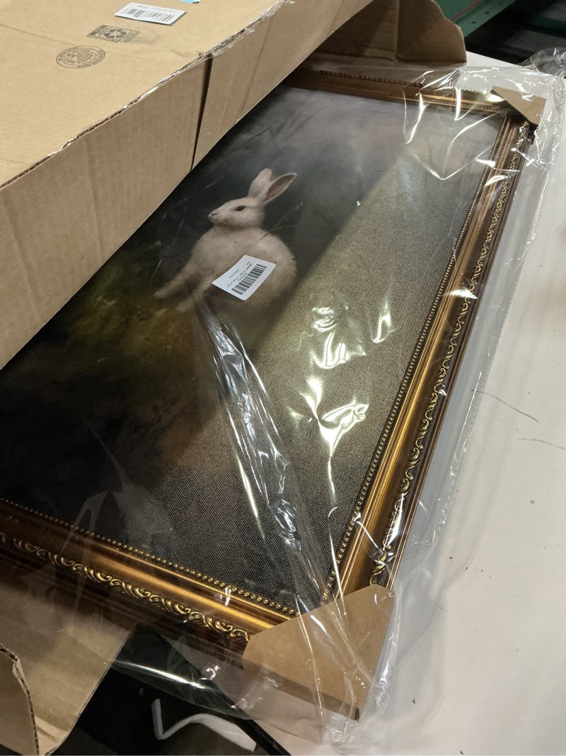 Condition photo showing As Is for (minor damage)kbkbart vintage framed wall art for living room, dark academia decor wild hare rabbit vintage oil painting, retro animal bunny canvas art prints, gold framed artwork for dark cottagecore wall decor, 16"x24" rabbit 16"l x 24"w