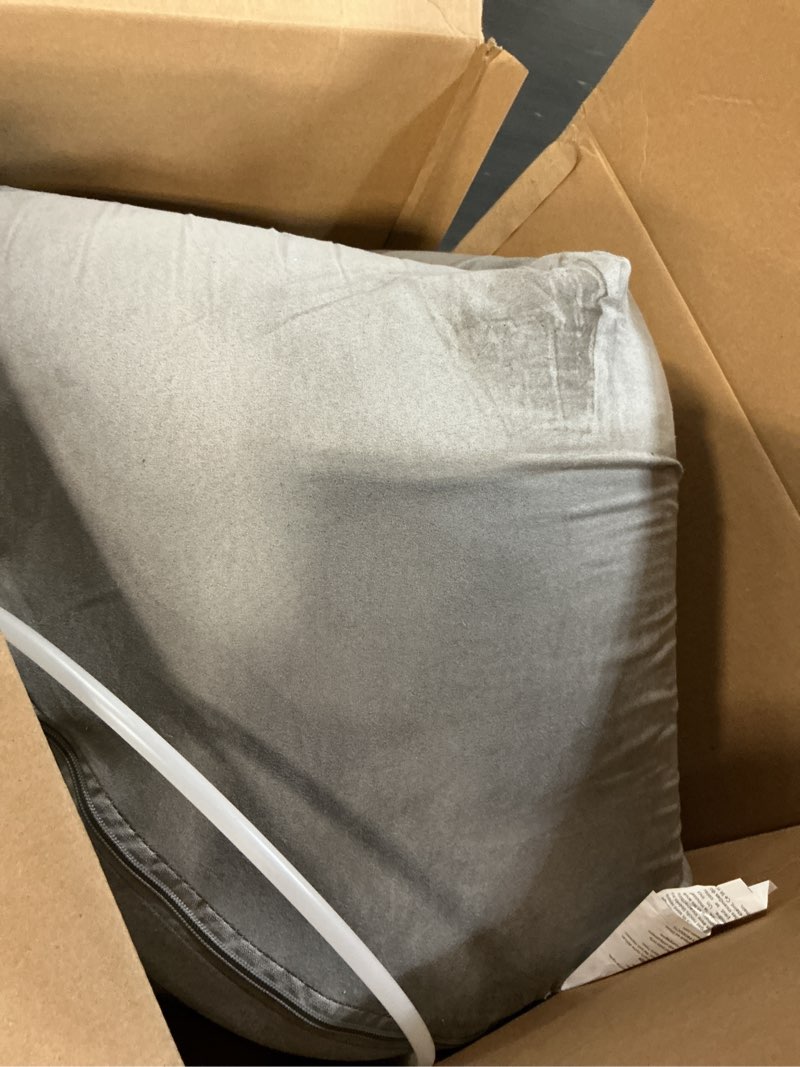 Condition photo showing As Is for furhaven round orthopedic dog bed for large dogs, egg crate with a solid orthopedic foam base with attached blanket hood and removable washable cover, large, sherpa & suede snuggery, gray gray large